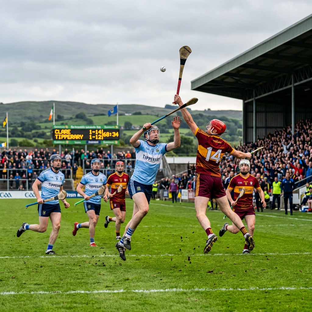 Clare and Tipperary hurling players jumping and swinging hurleys to catch a sliotar mid-air on a grassy field